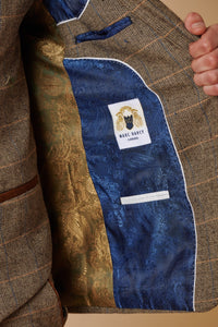 Costum bărbătesc din 3 piese, model herringbone, model maro-cenușiu, în carouri, croială dublă clasică