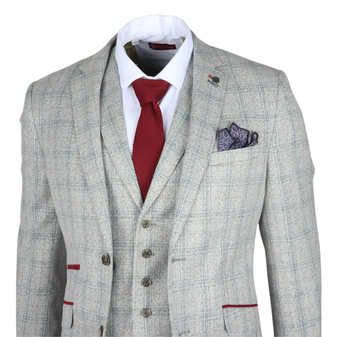 Andrew Men's 3-Piece Grey Checked Slim Fit Suit with Red Accents
