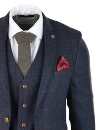 Mens Herringbone Tweed 3 Piece Navy Red Check Suit Vintage 1920s Tailored Fit