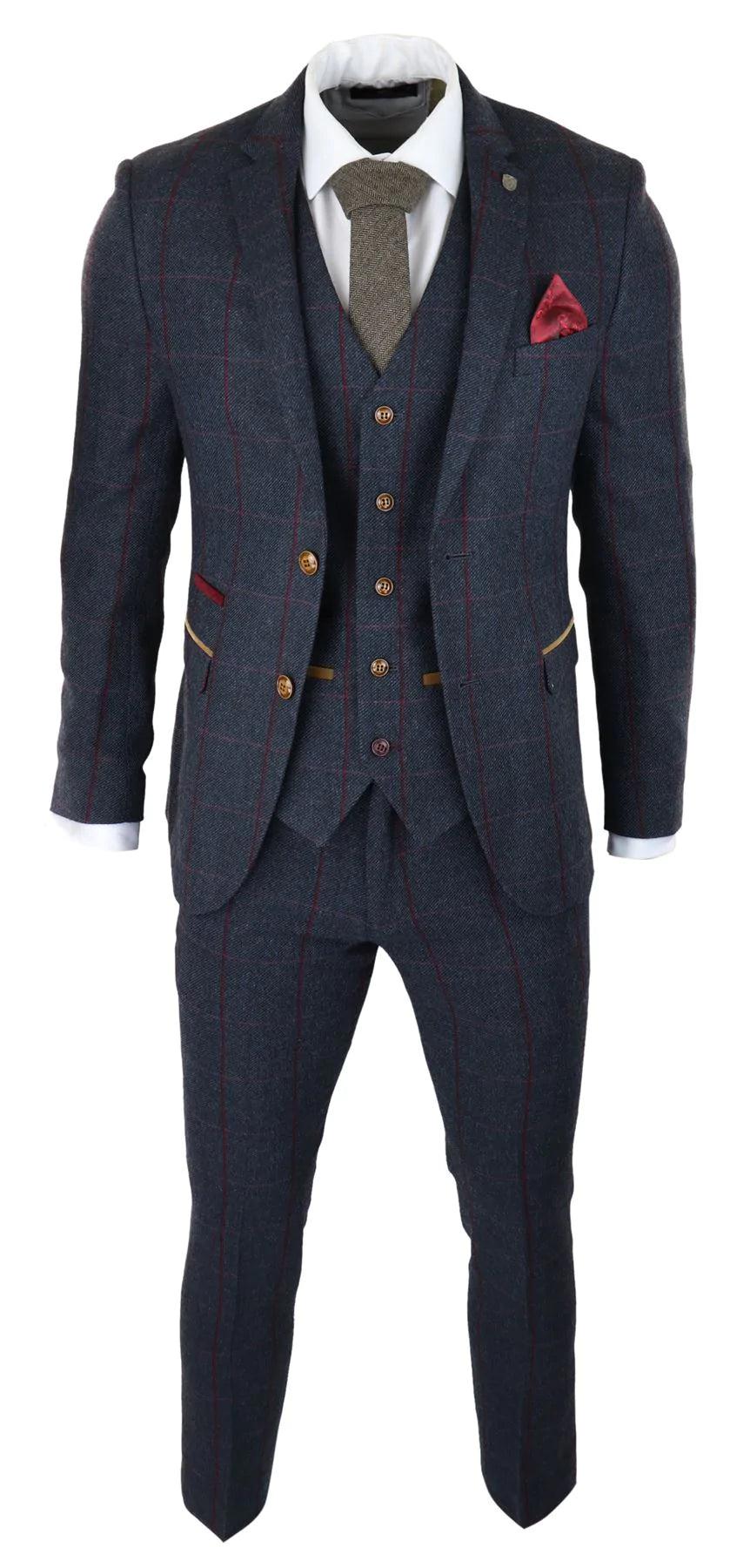 Mens Herringbone Tweed 3 Piece Navy Red Check Suit Vintage 1920s Tailored Fit