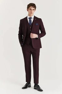 Regent - Men's Wine 3 Piece Prince Of Wales Checked Suit