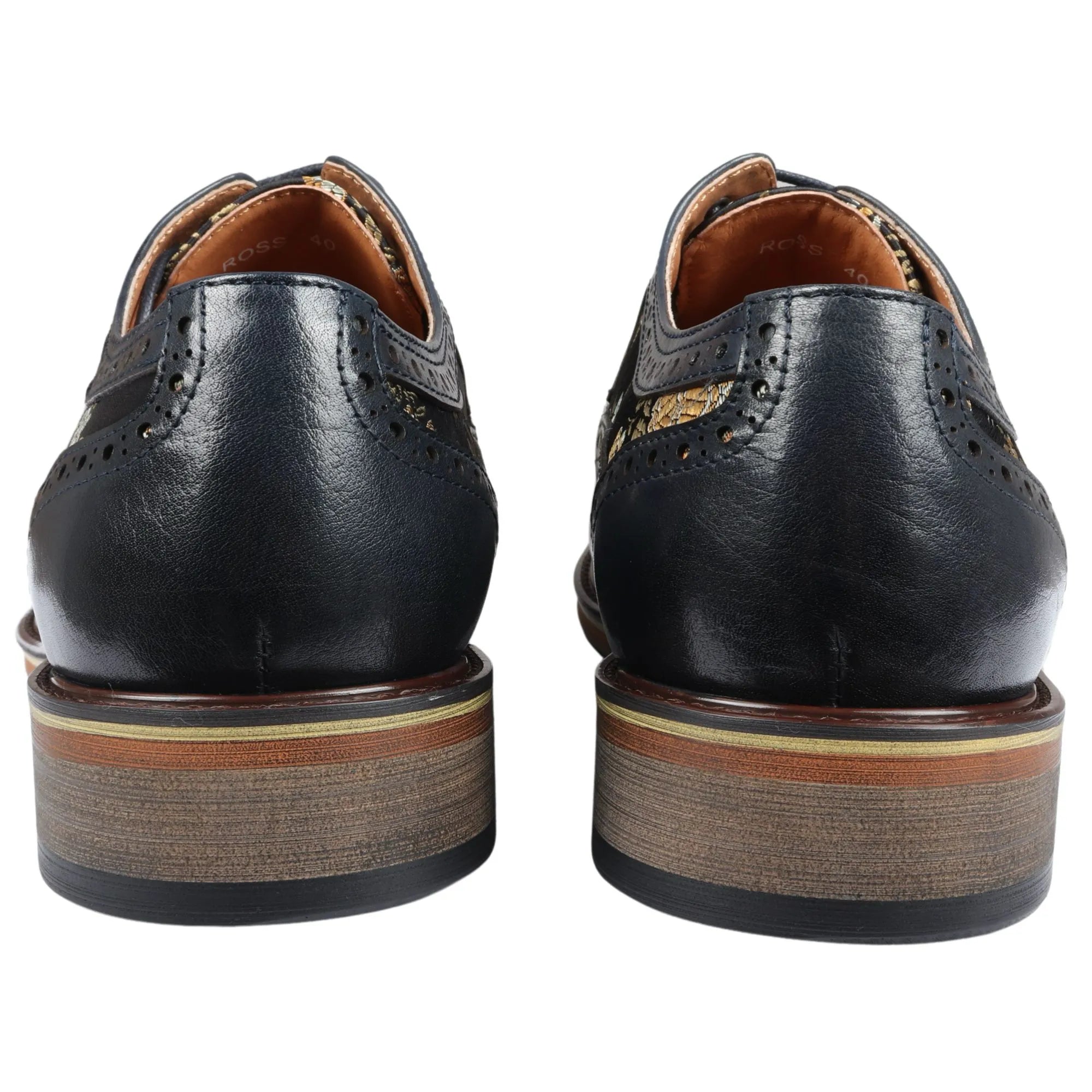 Ross - Men's Floral Print Leather Navy Brogue Shoes