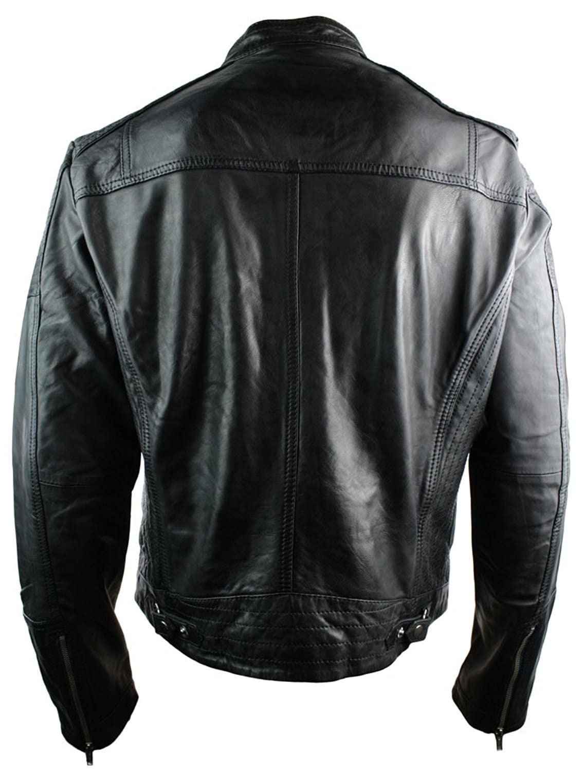 Real Leather Fitted Retro Style Zipped Mens Biker Jacket Tan Brown Nevada Timber Black Urban-Black