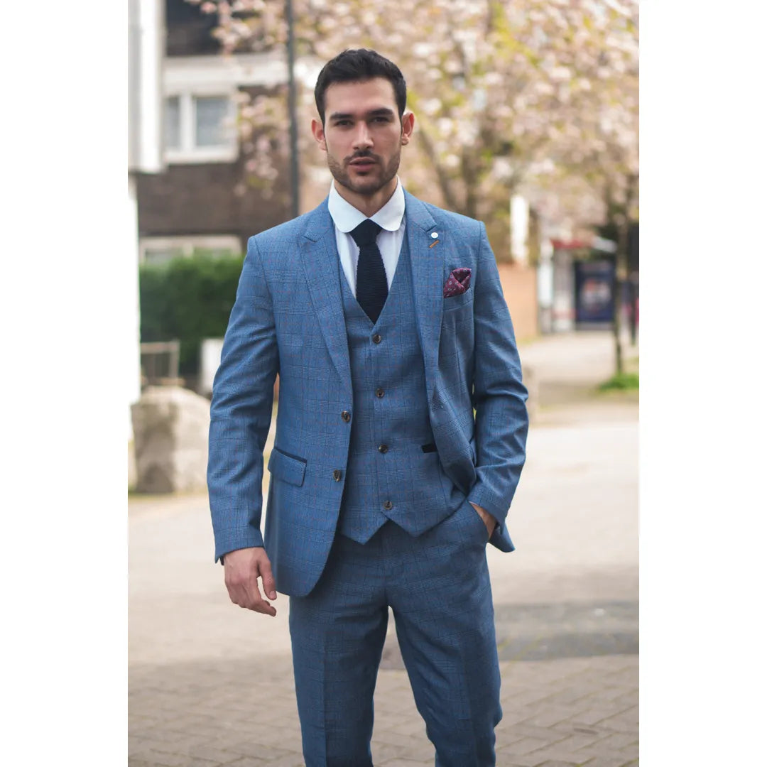 Earl Men's 3-Piece Blue Checked Tailored Suit