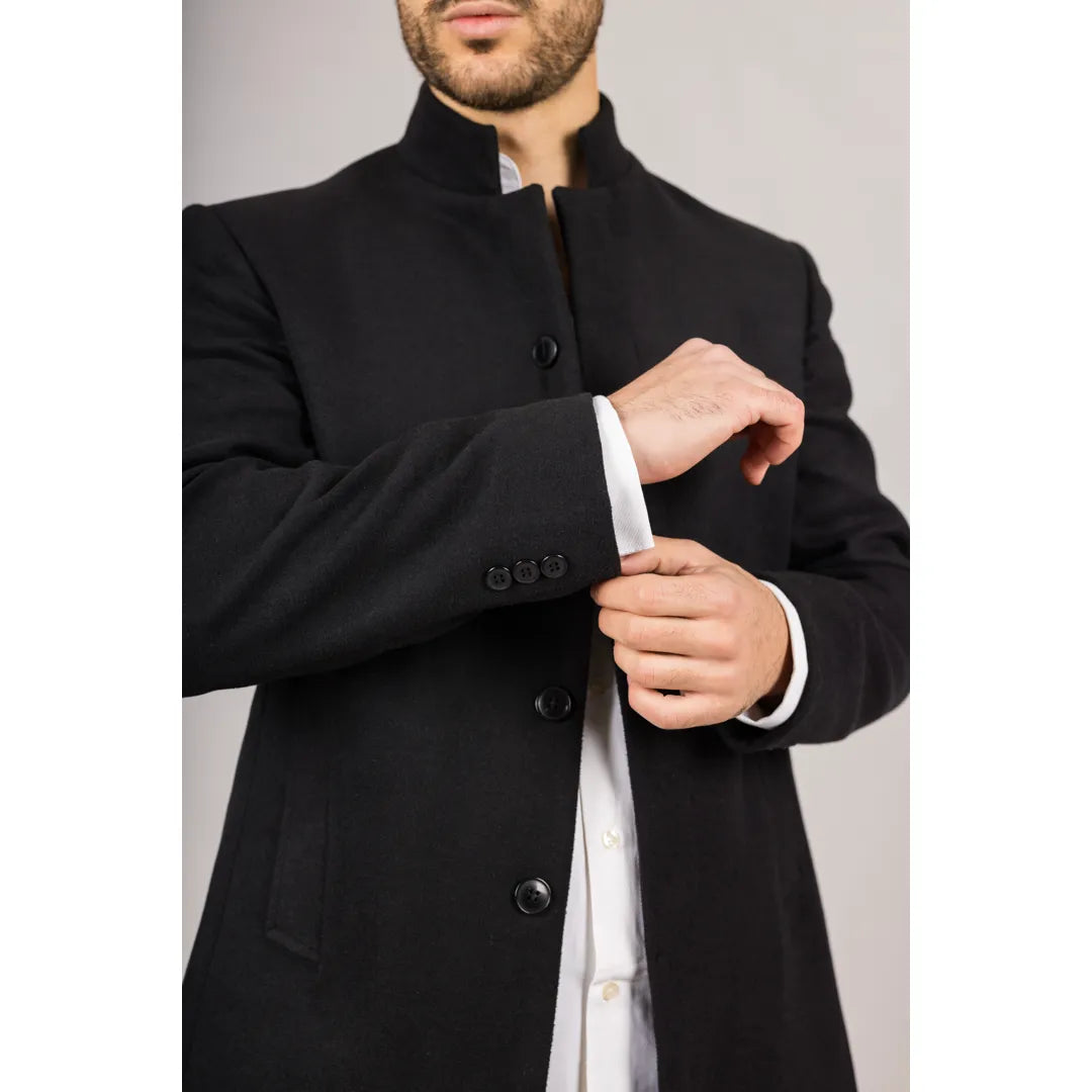 Men's Stand Collar Wool Blend Black Overcoat