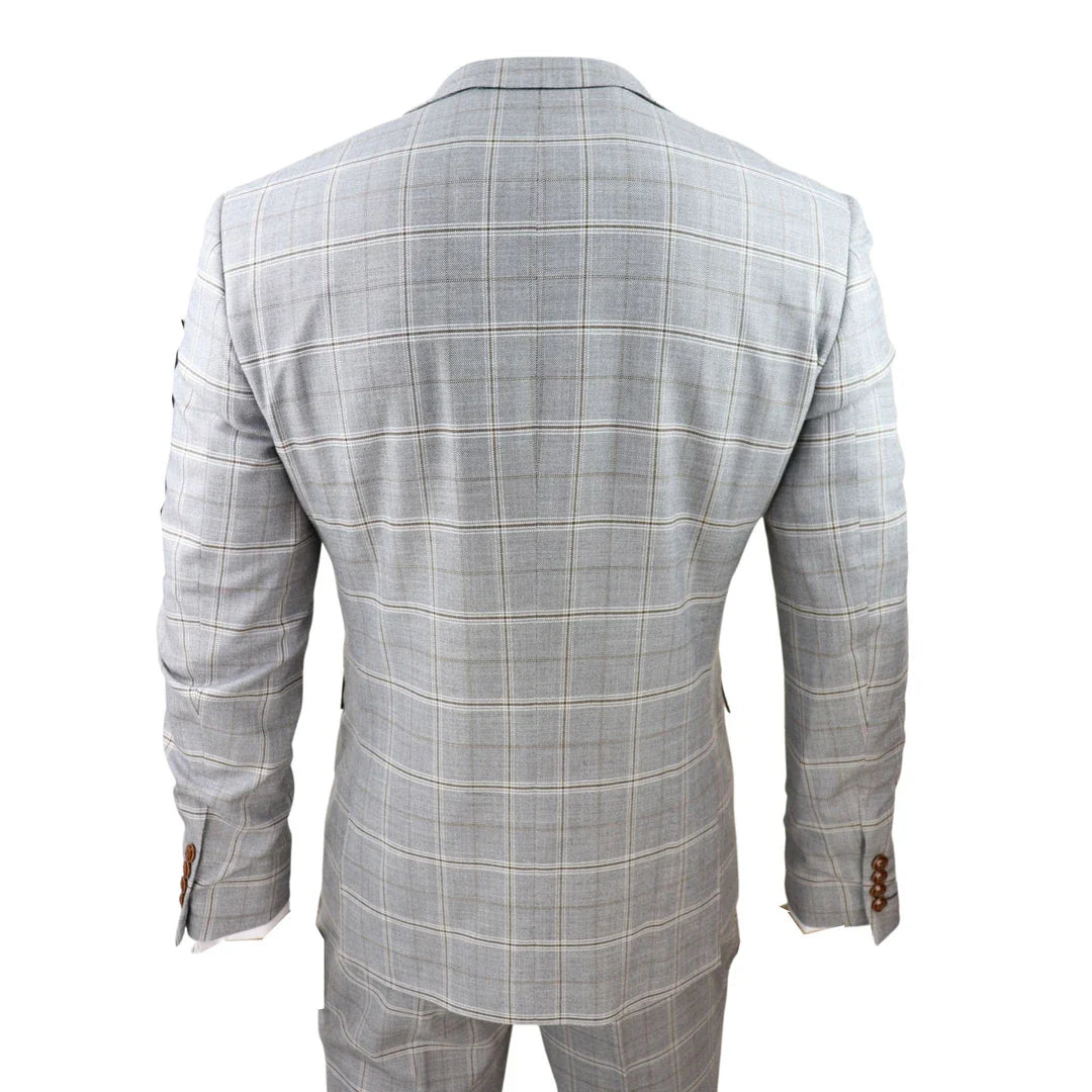 Francis Men's Grey 3-Piece Wedding Suit with Tan Brown Check and Velvet Trim