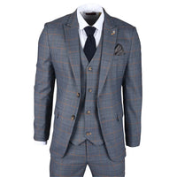 Gisborne Men's 3-Piece Navy Checked Suit with Mustard Accents