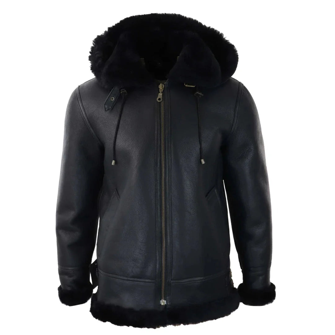 Men's Black Leather Sherling Sheepskin Hood Jacket Aviator Flying Pilot