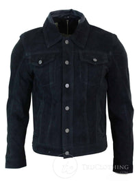 Real Suede Leather Mens Vintage Short Denim Style Retro Jean Jacket Casual - Black Color