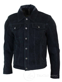 Real Suede Leather Mens Vintage Short Denim Style Retro Jean Jacket Casual - Black Color