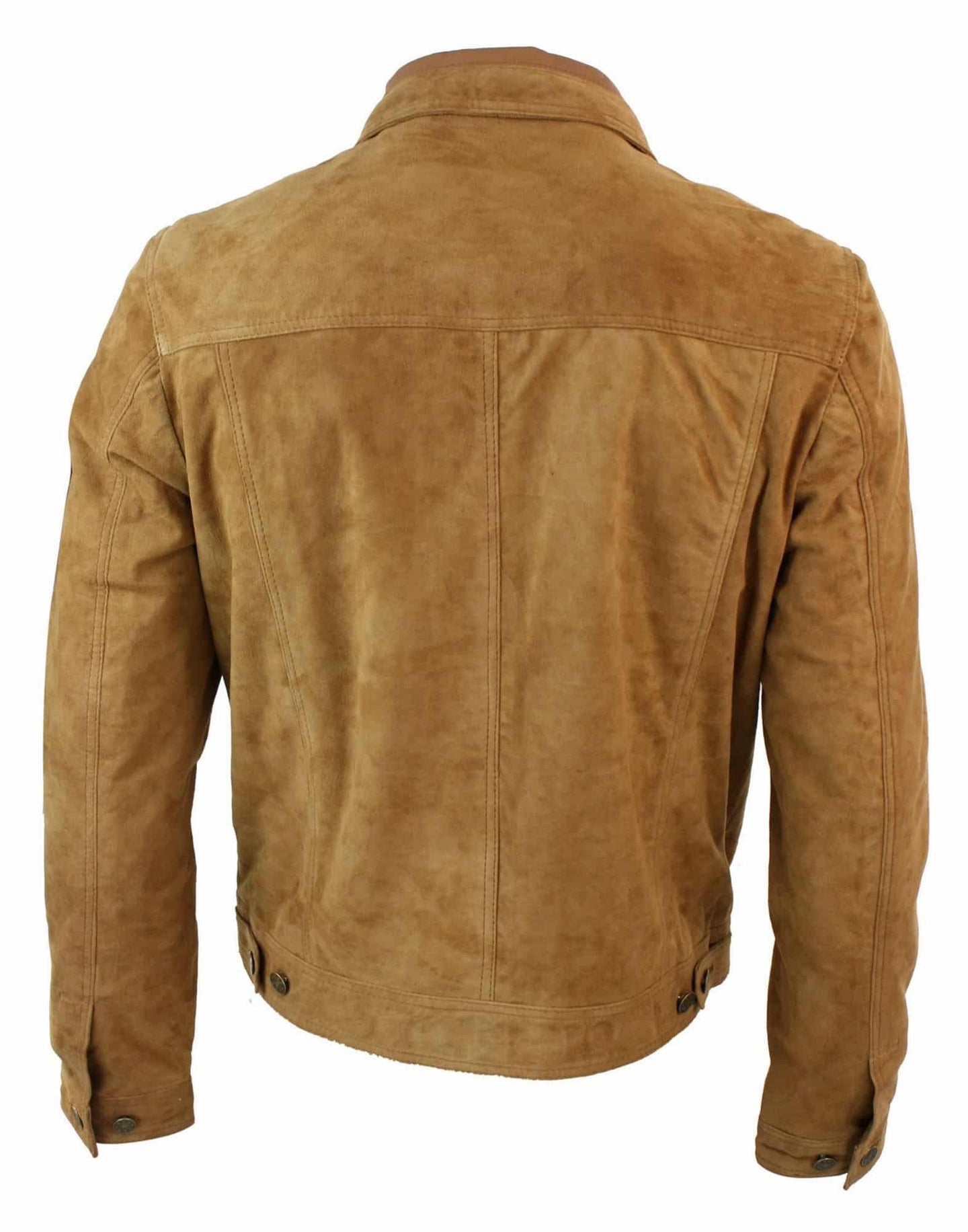 Real Suede Leather Mens Vintage Short Denim Style Retro Jean Jacket Casual - Brown Color