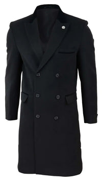 Mens 3/4 Long Double Breasted Black Overcoat