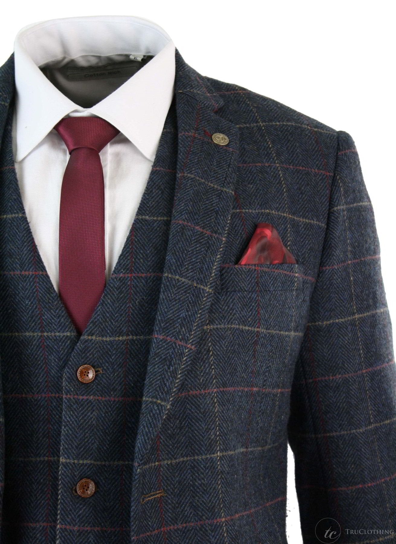 Mens Navy Blue Wine Check Herringbone Tweed Vintage 3 Piece New Marc Darcy Suit