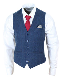 Men Blue Check Tweed Waistcoat - Cavani Carnegi