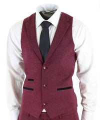 Men's Herringbone Wine Maroon 3 Piece Tweed Suit - STZ11