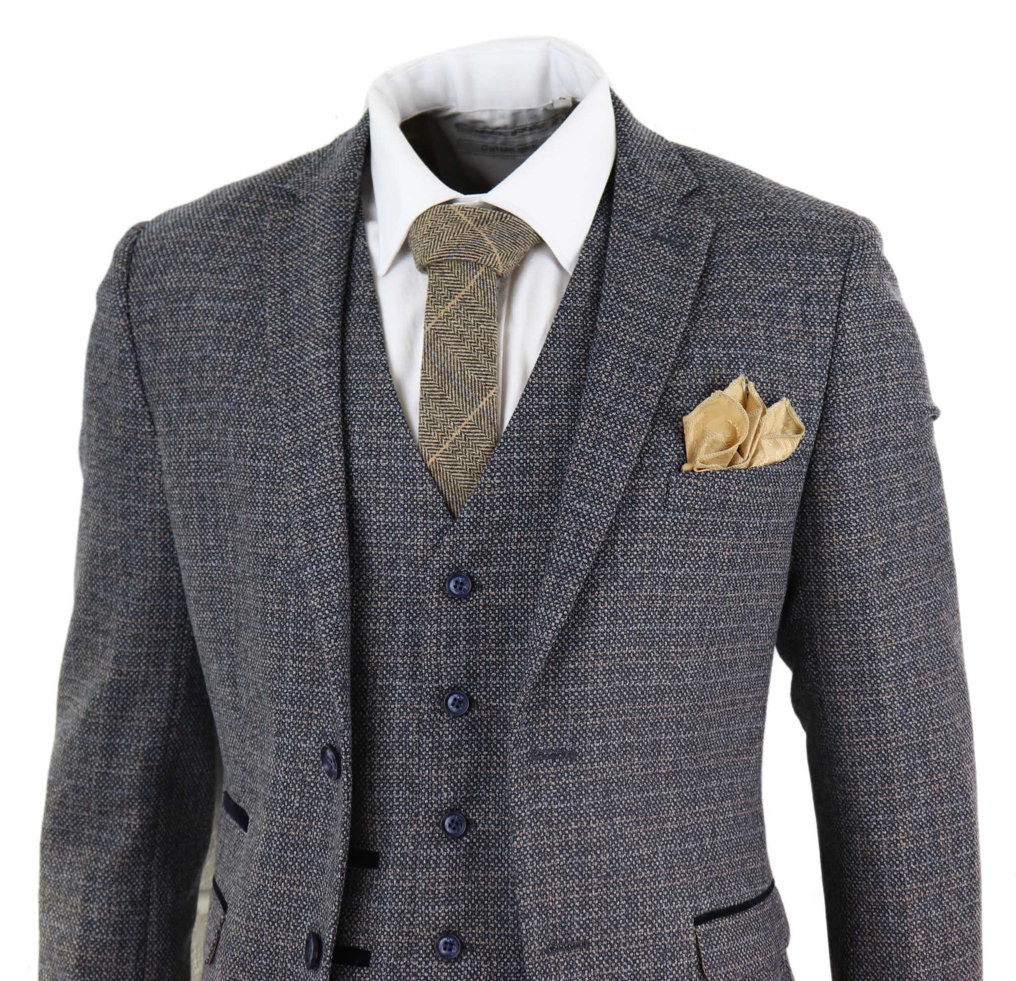 Mens 3 Piece Tweed Check Suit - Navy Blue