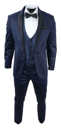 Mens Marc Darcy Velvet Paisley Blue Fit 3 Piece Suit Tuxedo Dinner Jacket Wedding
