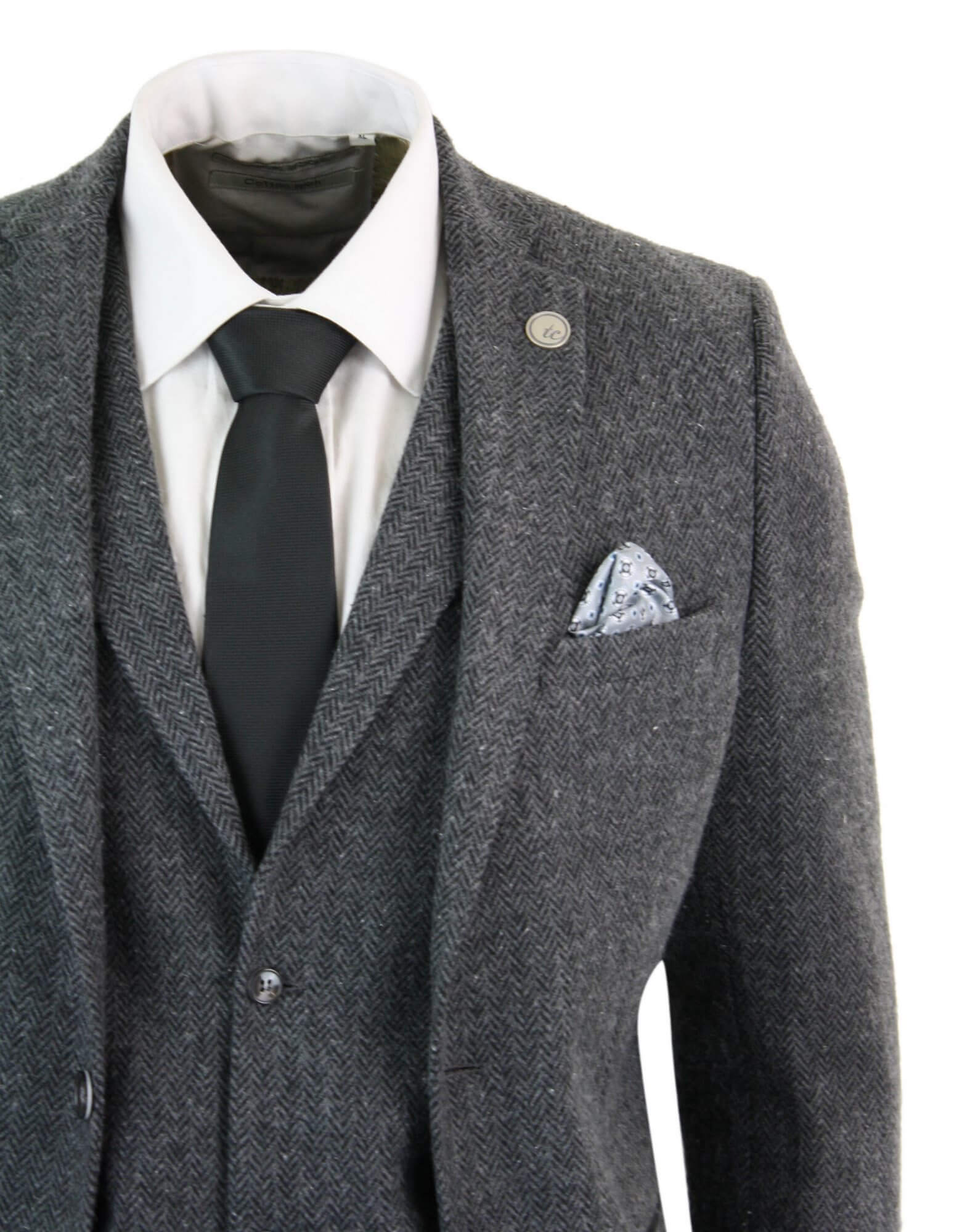 Men's Charcoal Grey 3 Piece Tweed Herringbone Suit - STZ11