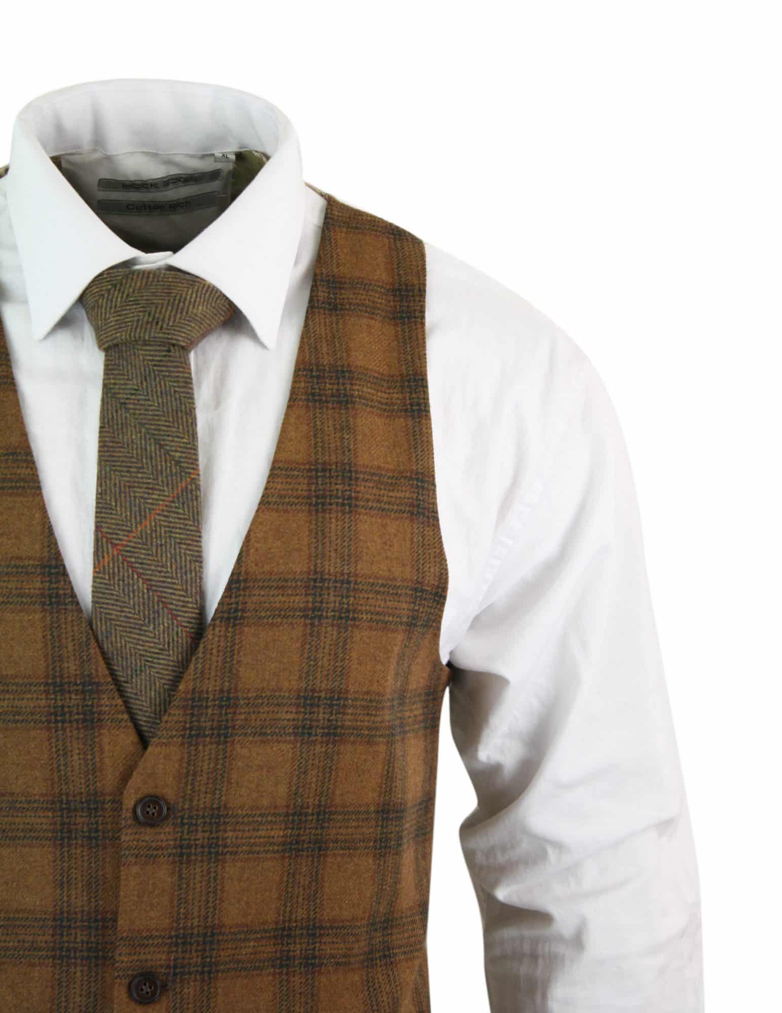 Mens Waistcoat Wool Tan Brown Check Tweed Classic Vintage Tailored Fit