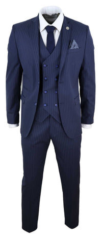 Mens 3 Piece Pinstripe Navy-Blue Suit
