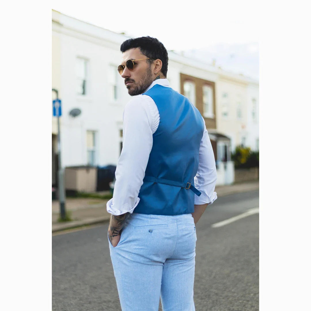 TP-13 - Men's Summer Suit Waistcoat Trousers Linen Formal Baby Blue Wedding