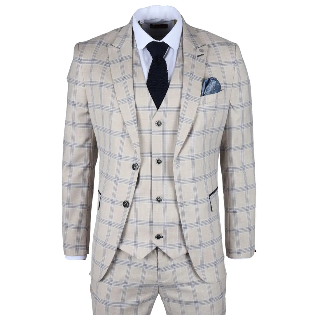 Warwick Men's Beige 3-Piece Checked Suit