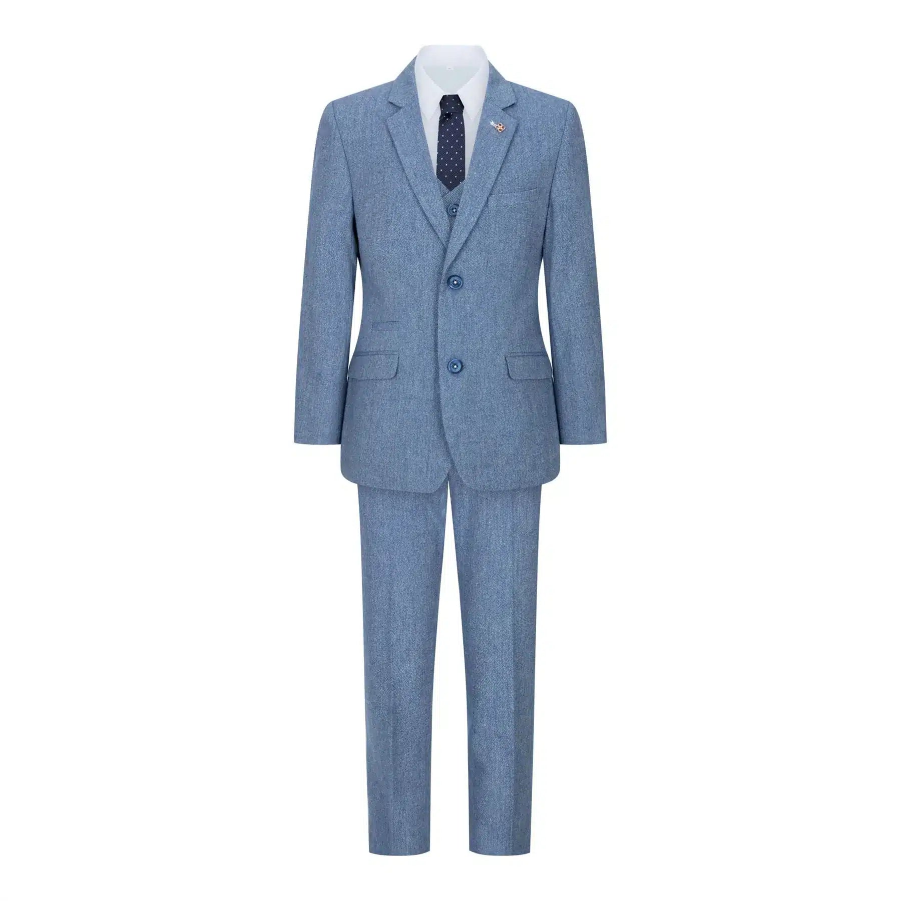 Boys 3 Piece Wool Suit Light Blue Tweed Vintage 1920s Classic 4 Pocket Waistcoat