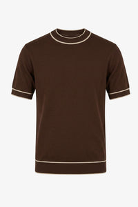 Tricou bărbătesc maro tricotat, croială regulată, cu garnitură contrastantă, guler rotund