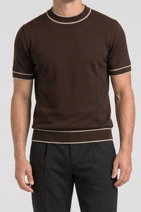 Tricou bărbătesc maro tricotat, croială regulată, cu garnitură contrastantă, guler rotund