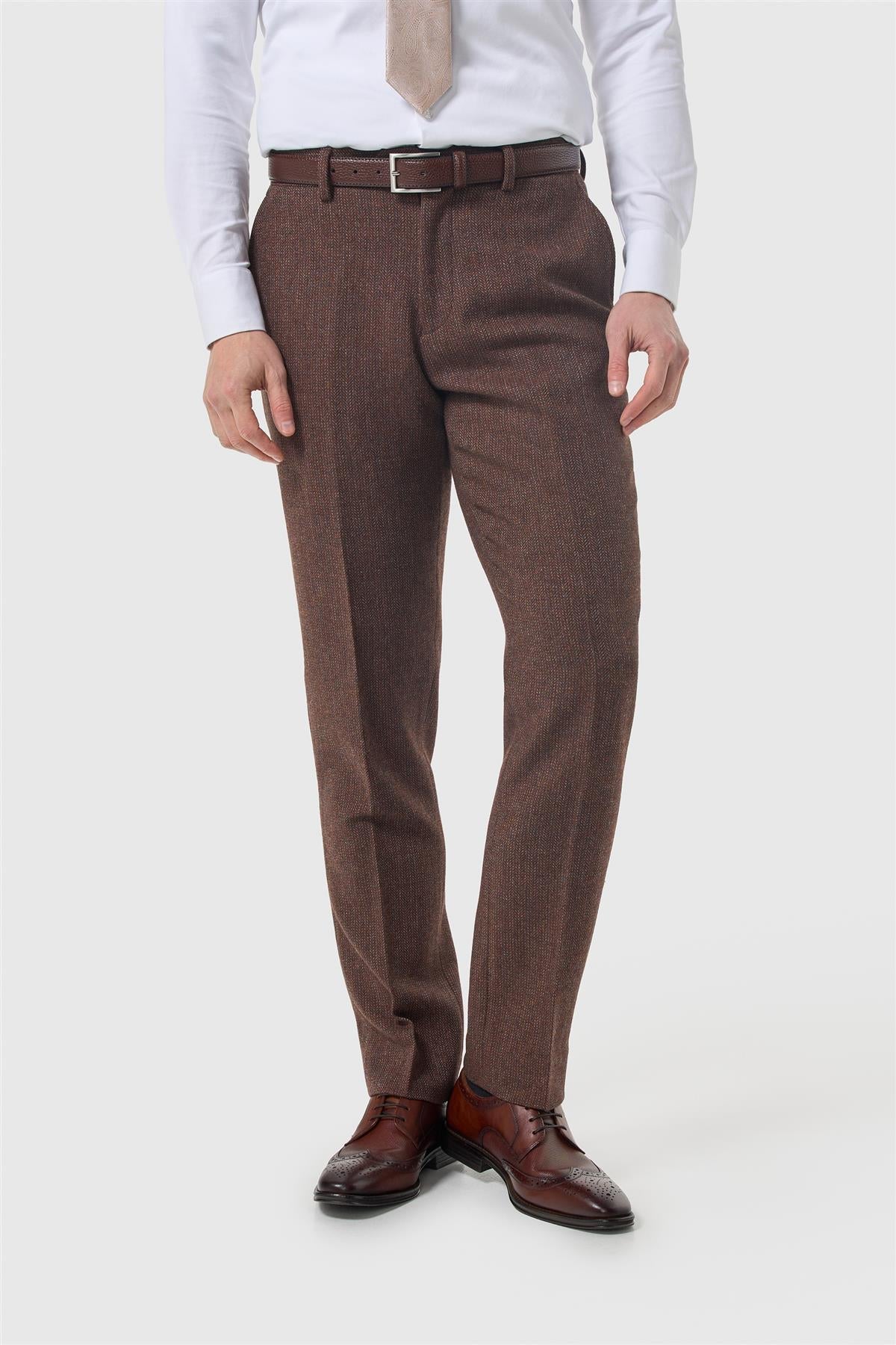 Thomas - Pantaloni bărbătești din tweed cu model herringbone, maro, din amestec de lână