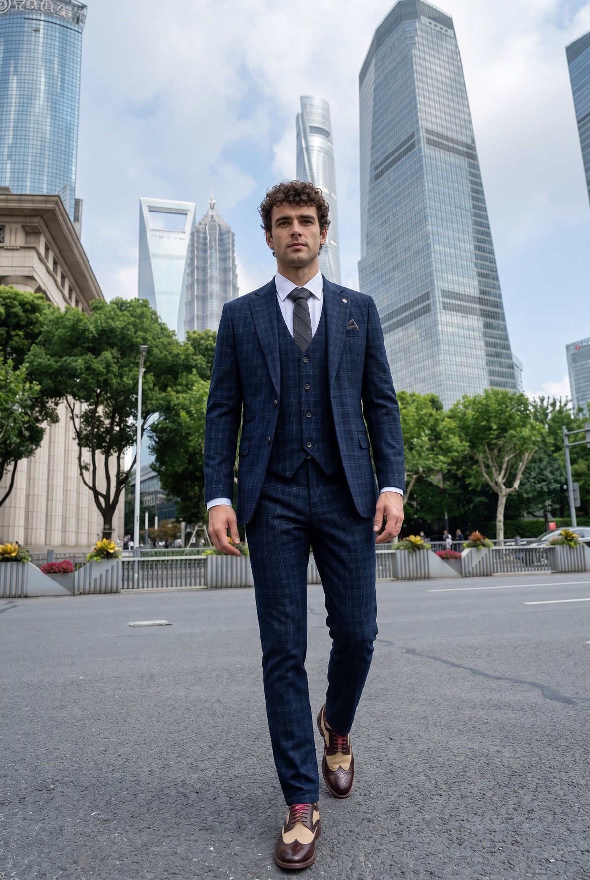 Look #570 styled with Marcos - Costum bărbătesc bleumarin în carouri, slim fit, 3 piese
