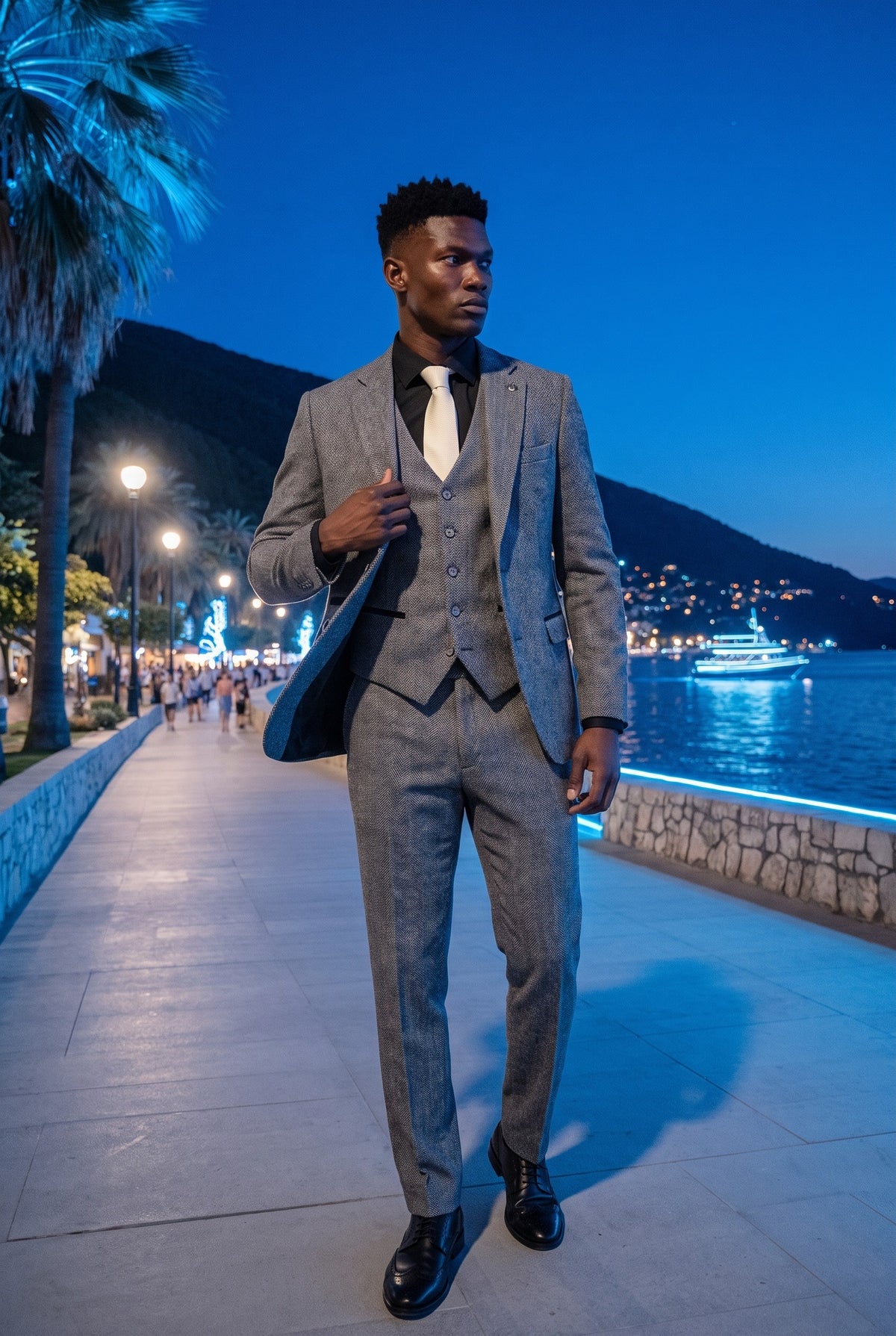 Look #975 styled with IM41 - Costum gri din 3 piese din tweed herringbone pentru bărbați