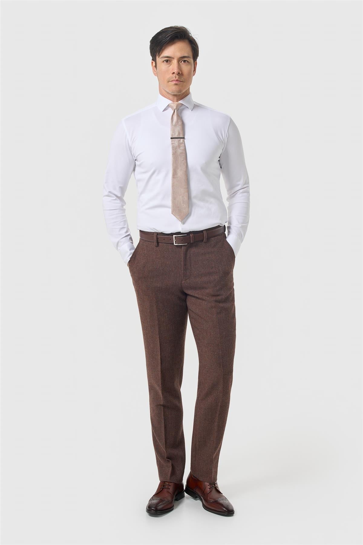 Thomas - Pantaloni bărbătești din tweed cu model herringbone, maro, din amestec de lână