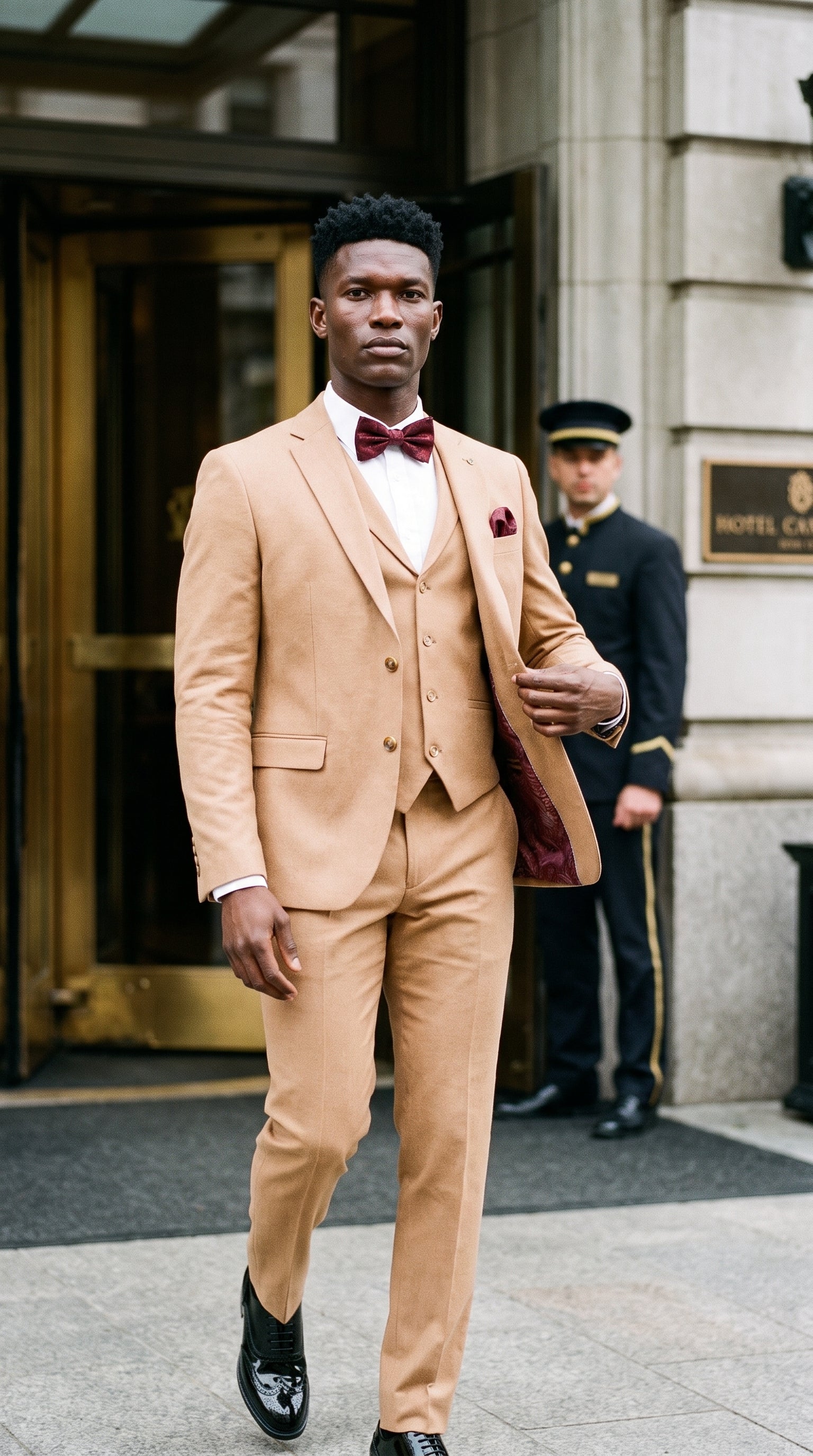 Look #644 styled with TP-23 - Costum de mireasă de vară pentru bărbați, din in, culoare camel, din 3 piese