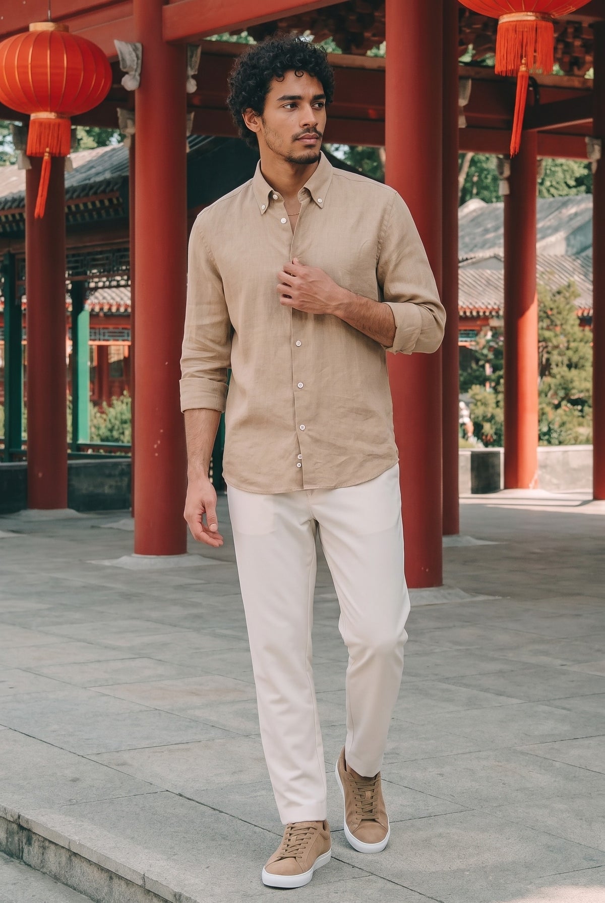 Look #890 styled with Cămașă bărbătească de vară cu mânecă lungă și nasturi, culoare camel maro, din in pur