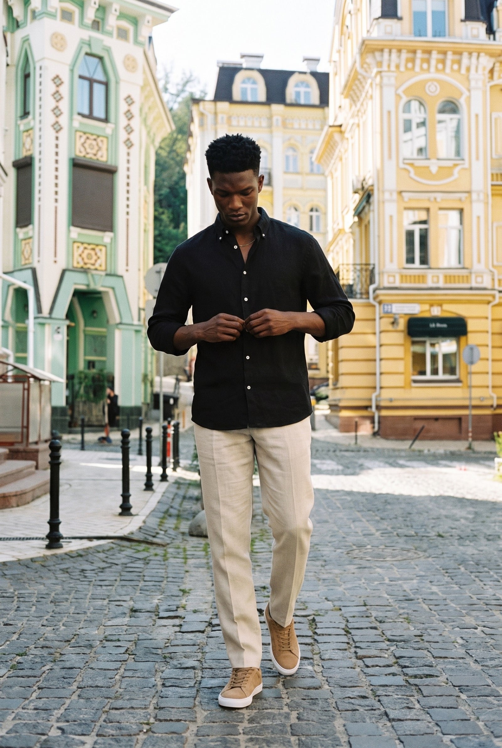 Look #1015 styled with Pantaloni bărbătești bej, 100% in, plisați, cu șnur, croială dreaptă, lejeră