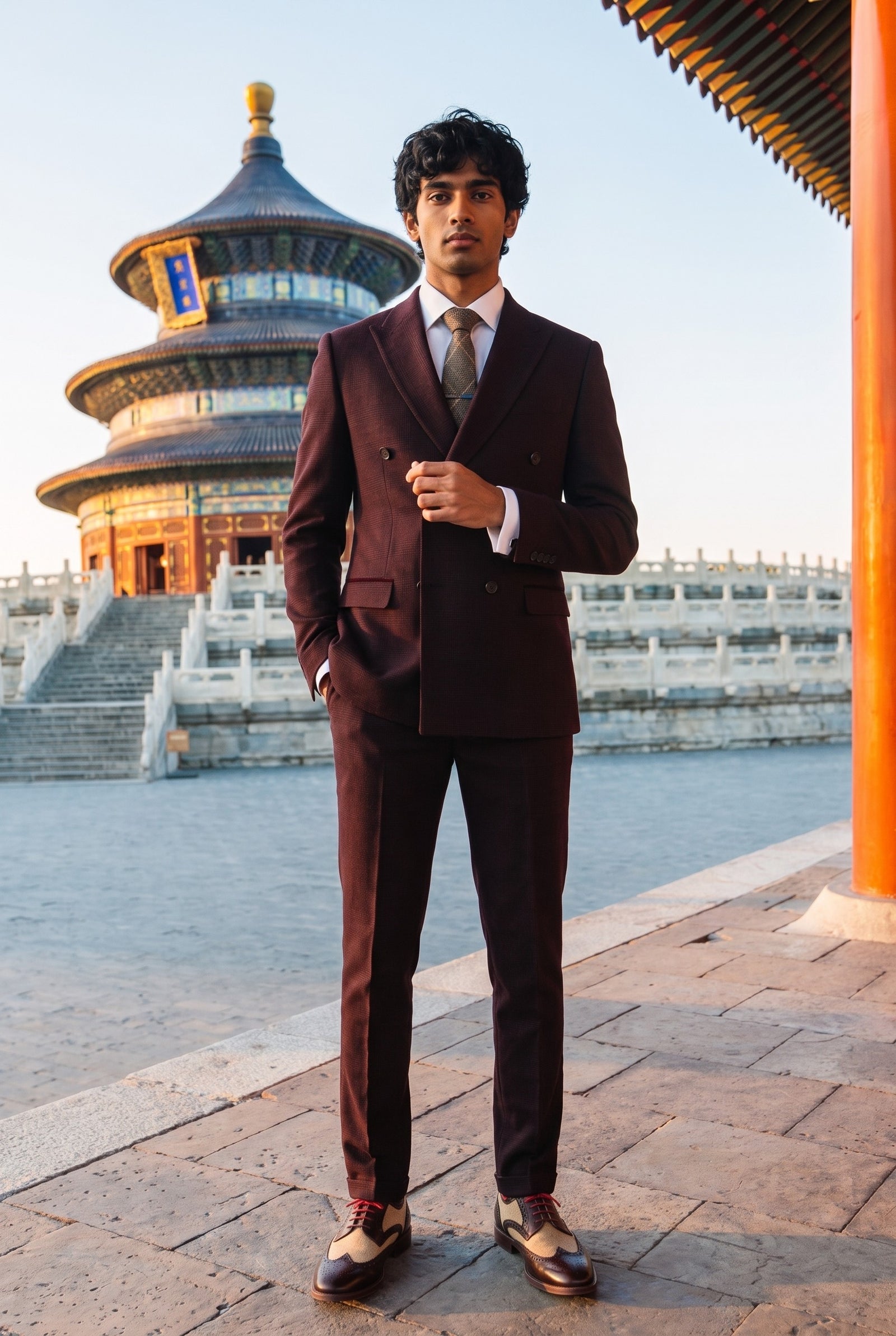 Look #641 styled with Regent - Costum bărbătesc bordeaux cu două piese, cu două rânduri de nasturi