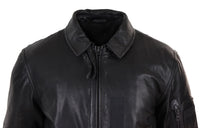 Mens Black Leather Bomber Jacket with White Collar