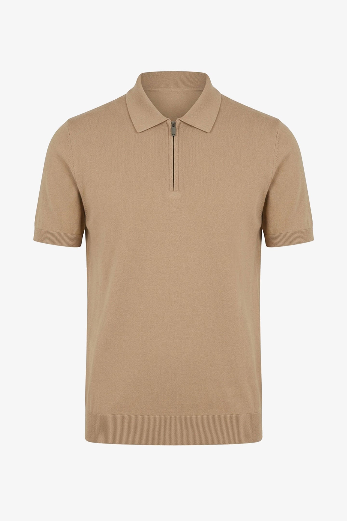 Tricou polo tricotat bej cu guler fermoar pentru bărbați