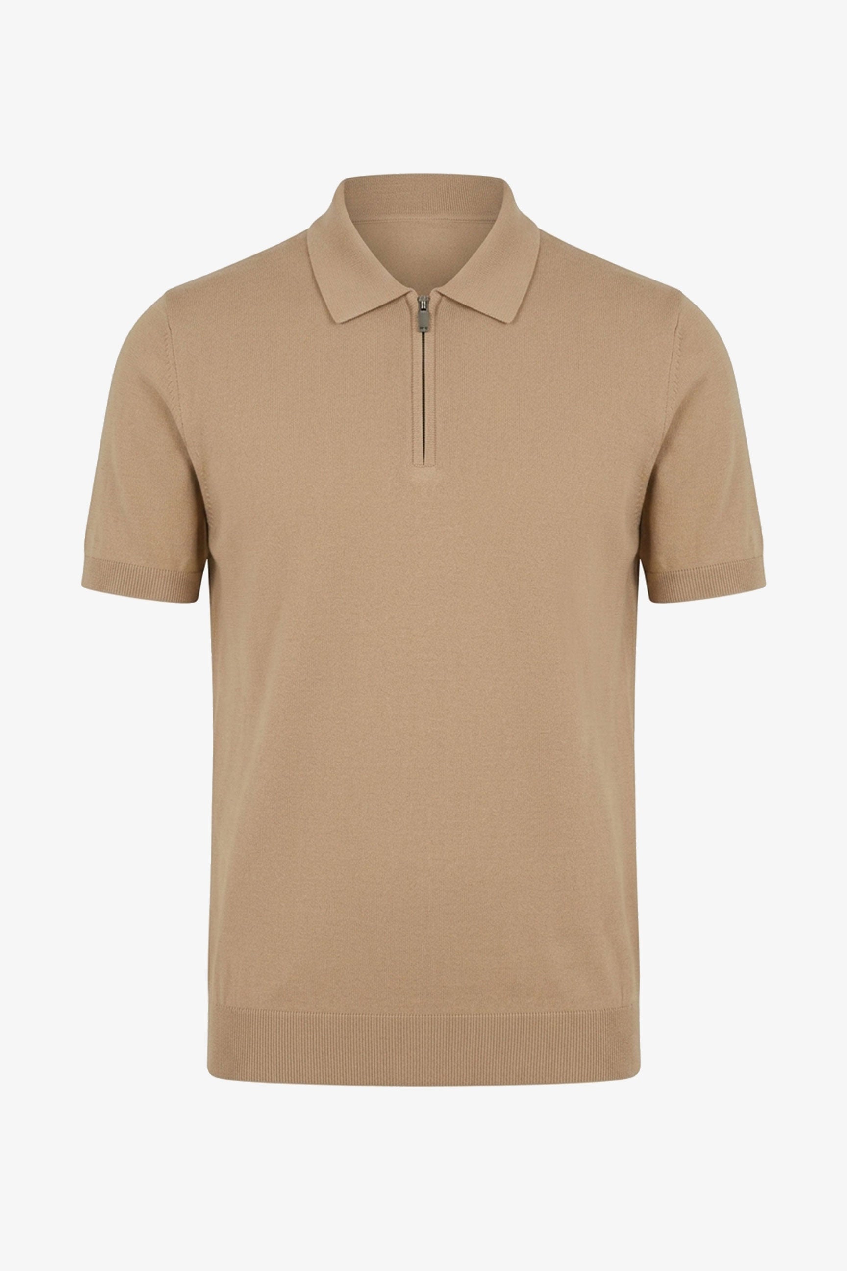 Tricou polo tricotat bej cu guler fermoar pentru bărbați