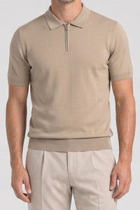 Tricou polo tricotat bej cu guler fermoar pentru bărbați
