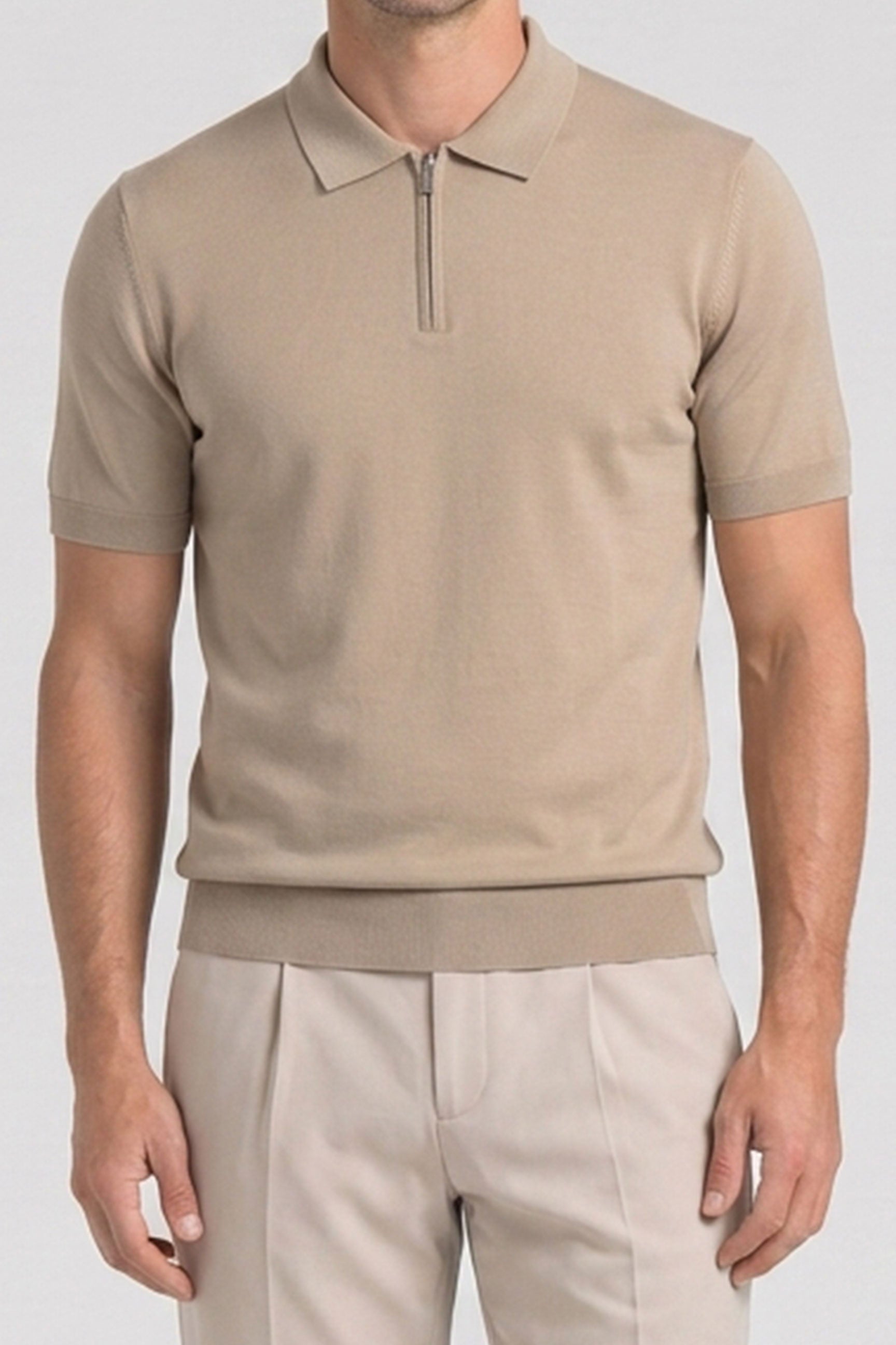 Tricou polo tricotat bej cu guler fermoar pentru bărbați