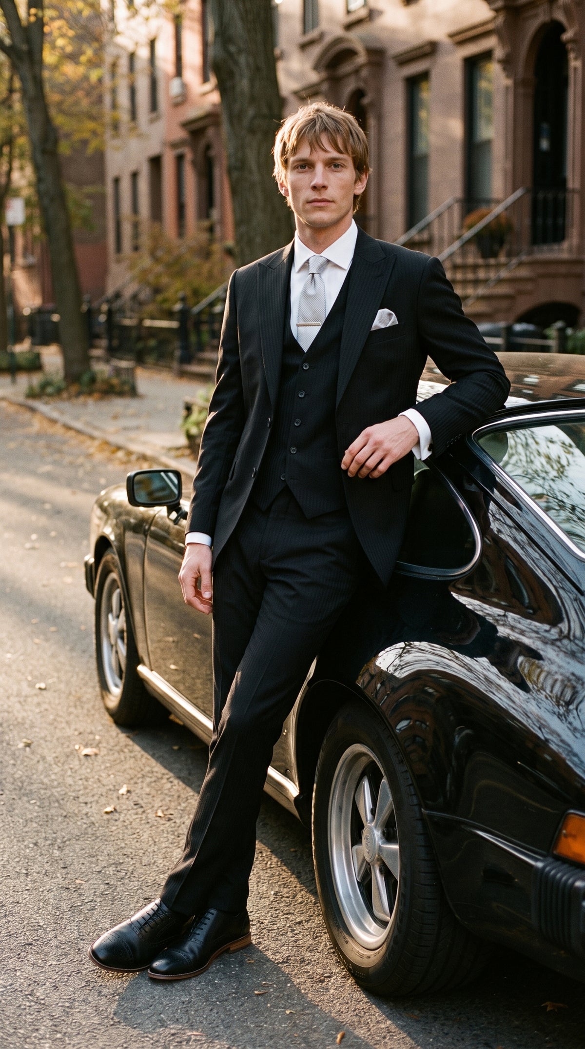 Look #819 styled with Roberto - Costum bărbătesc negru din 3 piese din amestec de lână cu dungi umbra