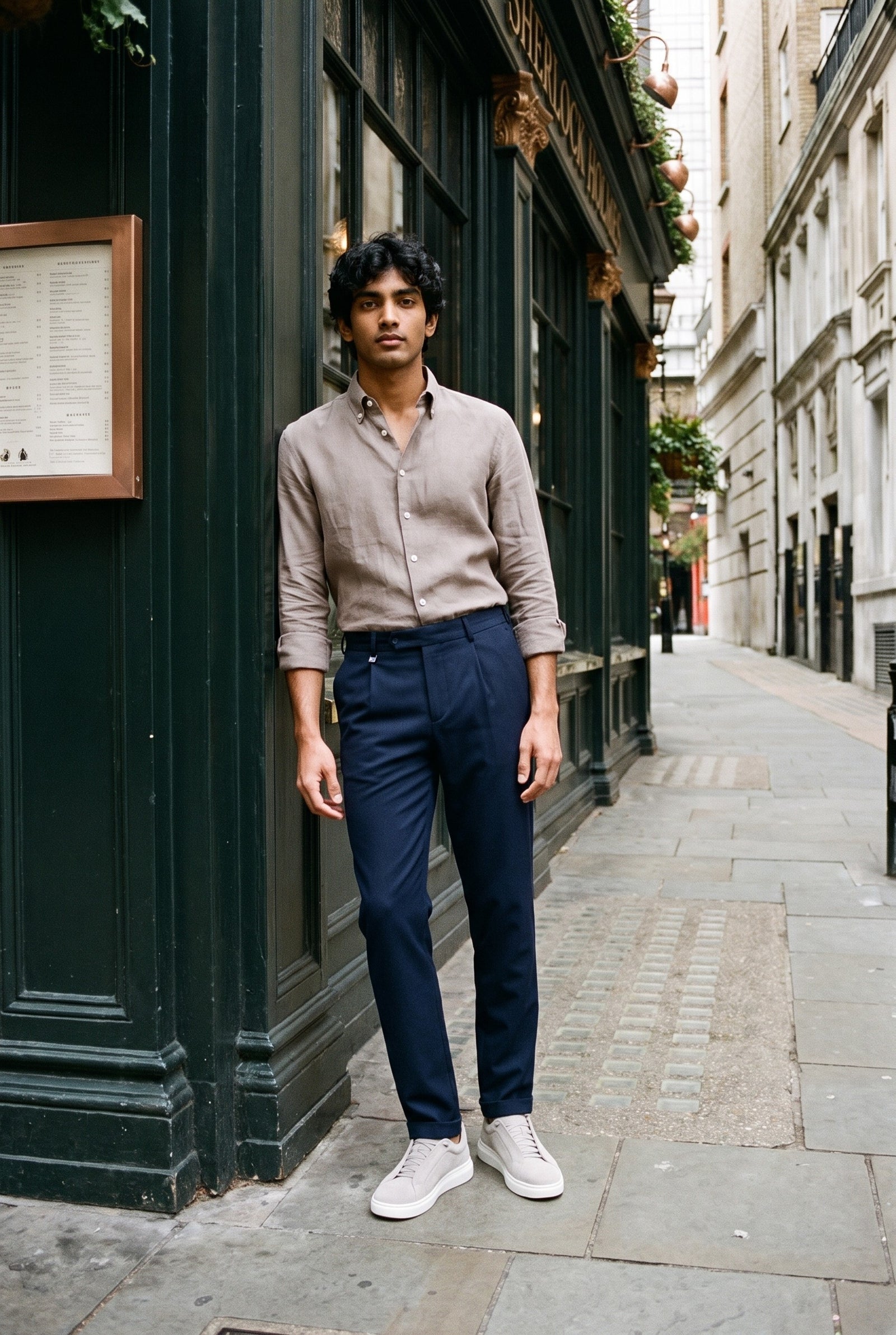 Look #1017 styled with Cămașă bărbătească maro deschis, din in pur, cămașă de vară cu mânecă lungă și nasturi