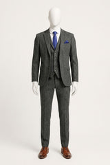 Costum bărbătesc gri cărbune din 3 piese, model herringbone, din tweed - STZ11