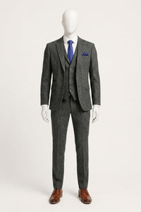 Costum bărbătesc gri cărbune din 3 piese, model herringbone, din tweed - STZ11