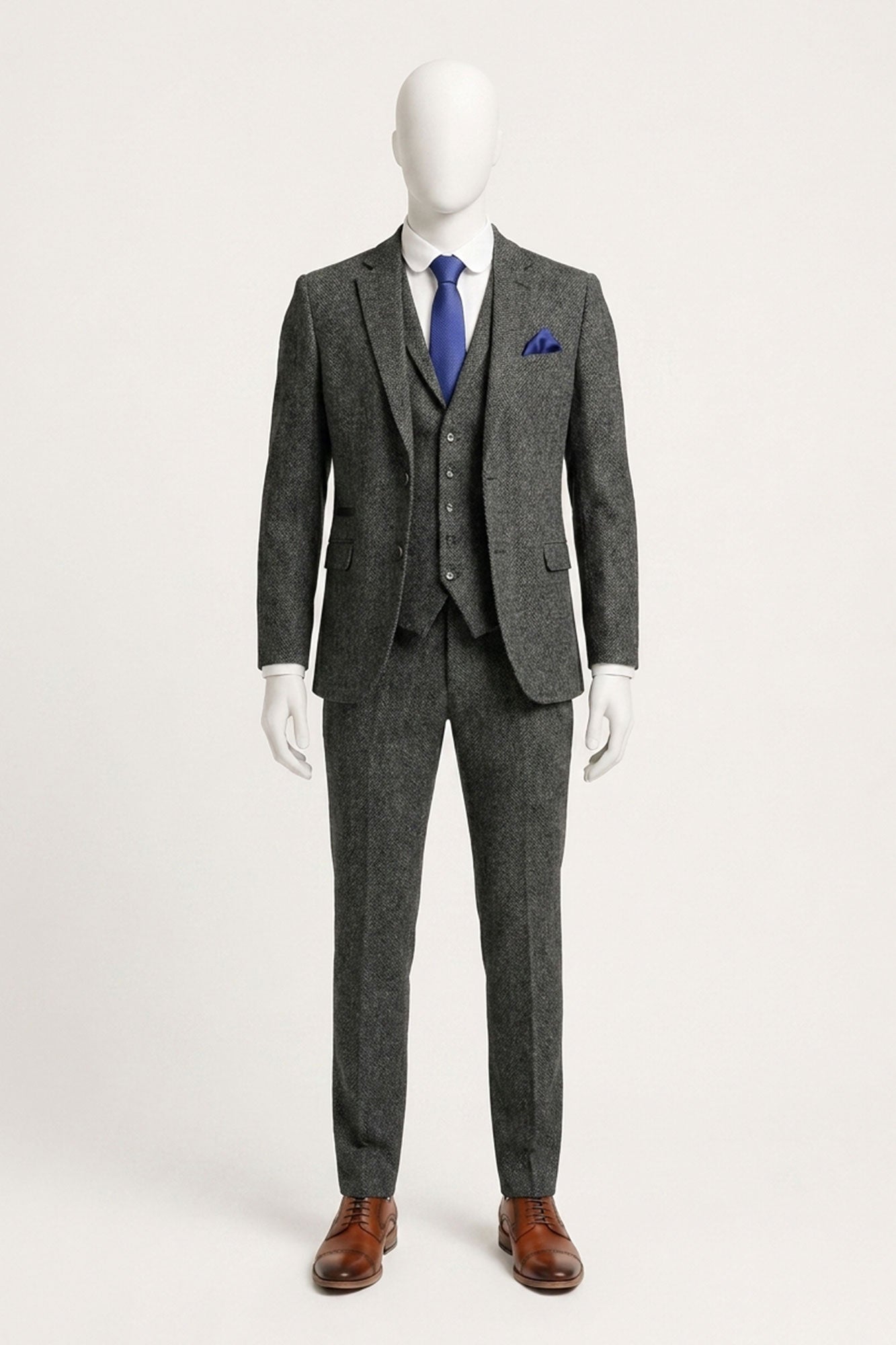 Costum bărbătesc gri cărbune din 3 piese, model herringbone, din tweed - STZ11