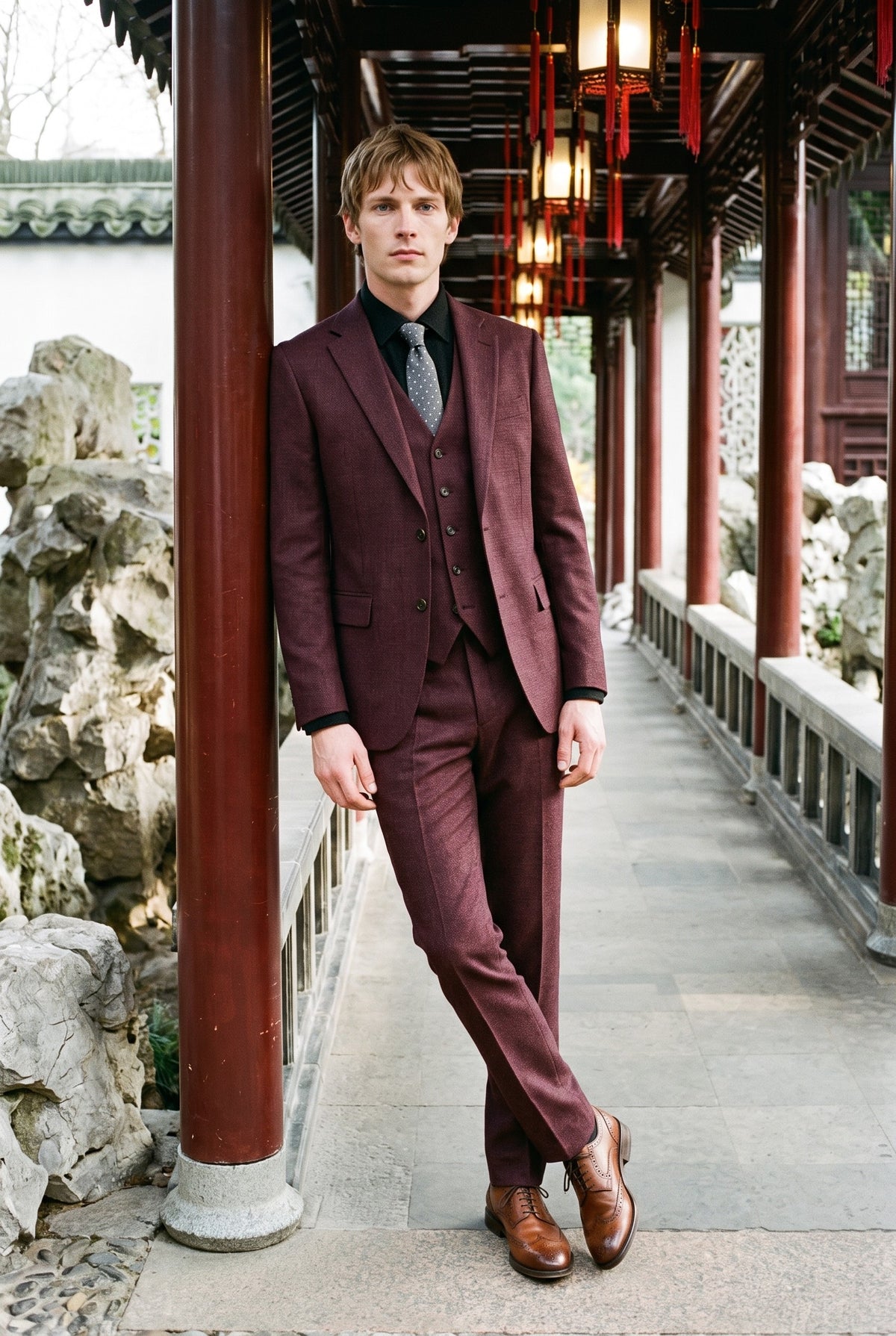 Look #237 styled with Caridi - Costum bărbătesc în carouri, bordeaux, din 3 piese