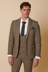 Costum bărbătesc din 3 piese, model herringbone, model maro-cenușiu, în carouri, croială dublă clasică