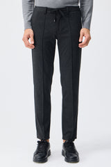Pantaloni bărbătești gri taupe, cu șnur, croială conică, eleganți, croială croită